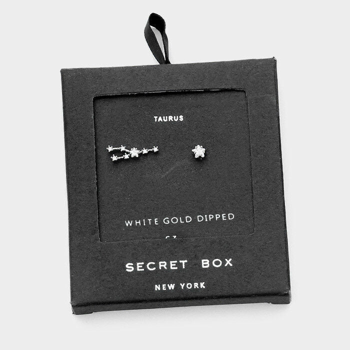 Secret Box Star Earrings Gift Tiny Zodiac TAURUS Sign CZ Moon WHT GOLD DIPPED - PalmTreeSky