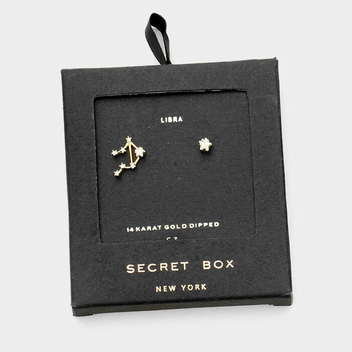 Secret Box Star Earrings Gift Tiny Zodiac LIBRA Sign CZ Moon 14K GOLD DIPPED - PalmTreeSky