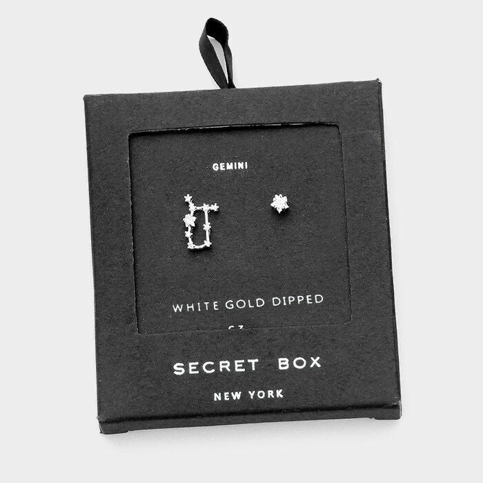 Secret Box Star Earrings Gift Tiny Zodiac GEMINI Sign CZ Moon WHT GOLD DIPPED - PalmTreeSky