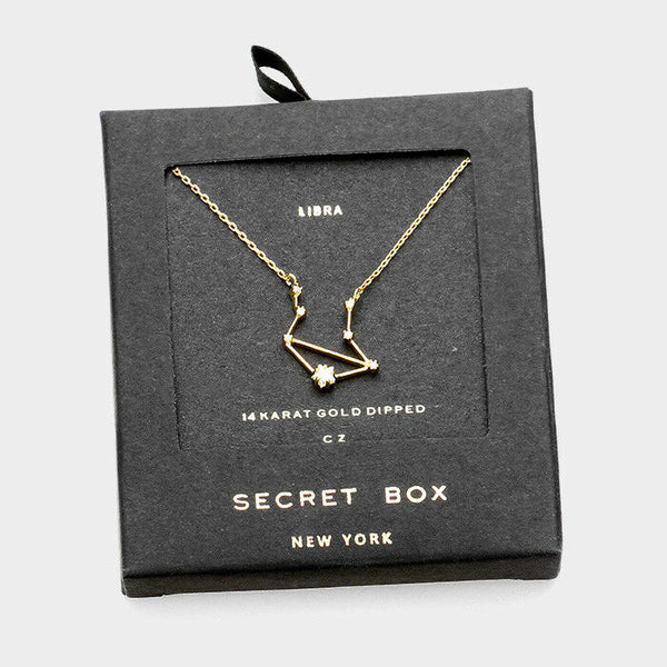 Secret Box Zodiac Necklace Tiny Pendant LIBRA Sign Celestial 14K Gold Dipped - PalmTreeSky