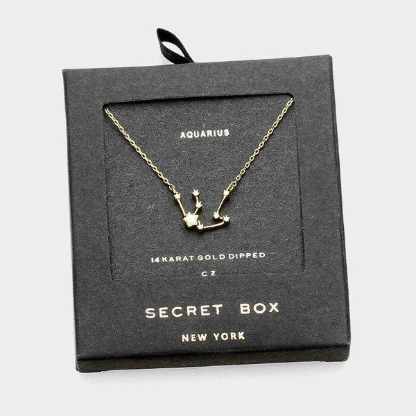 Secret Box Zodiac Necklace Tiny Pendant AQUARIUS Sign Celestial 14k Gold Dipped - PalmTreeSky