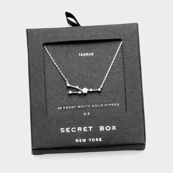 Secret Box Zodiac Necklace Tiny Pendant TAURUS Sign Celestial White Gold Dipped - PalmTreeSky