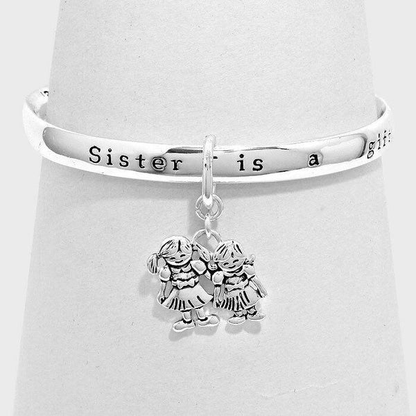 Sister Bracelet Gift Sisters Charm Bangle Inspirational Message SILVER Friend - PalmTreeSky