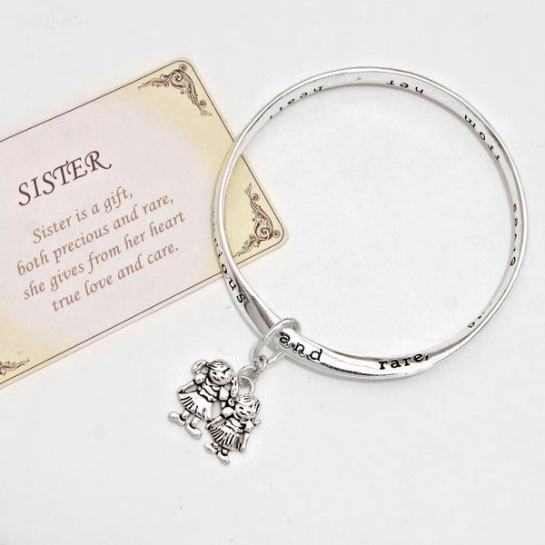 Sister Bracelet Gift Sisters Charm Bangle Inspirational Message SILVER Friend - PalmTreeSky