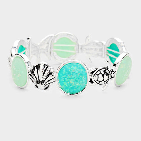 Sea Glass Bracelet Stretch Bangle Sea Starfish Sand Dollar Jewelry SILVER TURQ - PalmTreeSky
