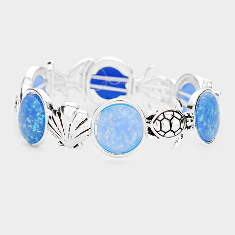 Sea Glass Bracelet Stretch Bangle Sea Starfish Sand Dollar Jewelry SILVER BLUE - PalmTreeSky
