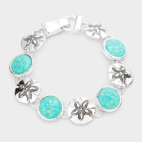 Sea Glass Bracelet Magnetic Closure Sand Dollar Filigree Jewelry SILVER TURQ - PalmTreeSky