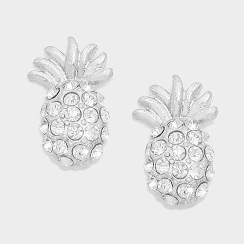 Pineapple Earrings Pave Rhinestone .5" Studs Tiny Small Welcome Fruit SILVER - PalmTreeSky