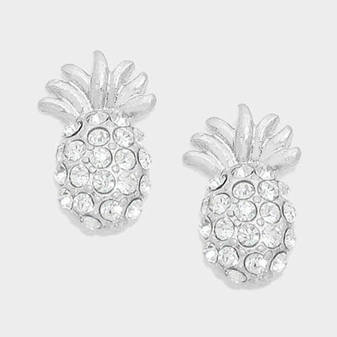 Pineapple Earrings Pave Rhinestone .5" Studs Tiny Small Welcome Fruit SILVER - PalmTreeSky