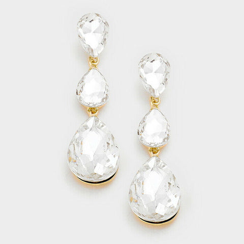 Rhinestone Earrings Long 3 Teardrops Crystal GOLD 3"Drop Wedding Evening Bride - PalmTreeSky