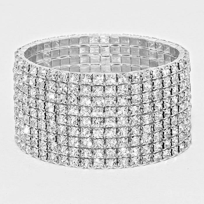 Rhinestone Bracelet 9 Row Wide Stretch Bangle Crystal Pave Wedding Bride SILVER - PalmTreeSky