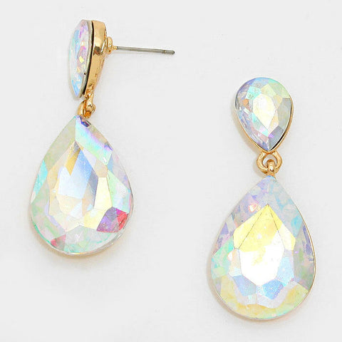 Rhinestone Earrings Double Teardrop Crystal GOLD AB 1.75" Drop Prom Evening - PalmTreeSky