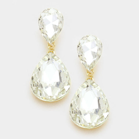 Rhinestone Earrings Double Teardrop Crystal GOLD 1.75" Drop Prom Evening Event - PalmTreeSky