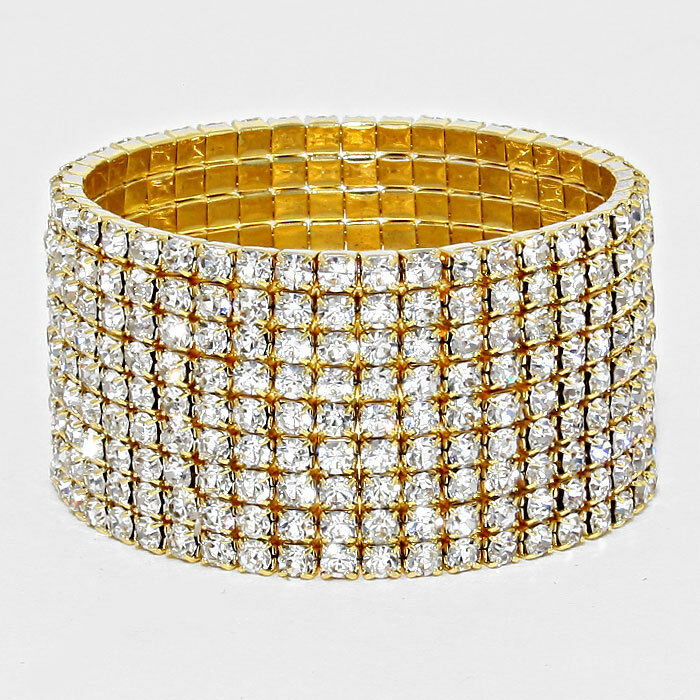 Rhinestone Bracelet 9 Row Wide Stretch Bangle Crystal Pave Wedding Bride GOLD - PalmTreeSky