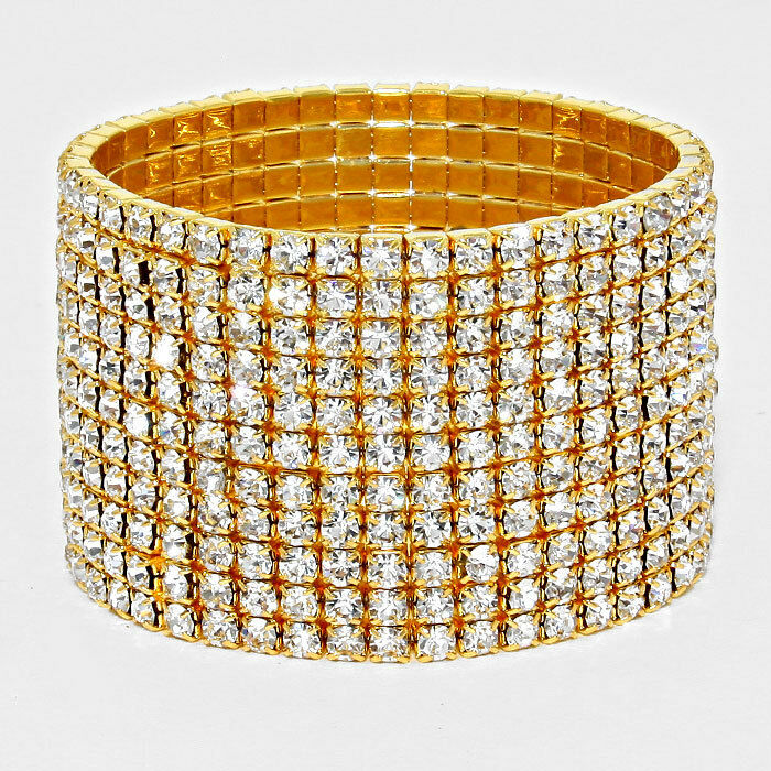 Rhinestone Bracelet 11 Row Wide Stretch Bangle Crystal Pave Wedding Bride GOLD - PalmTreeSky