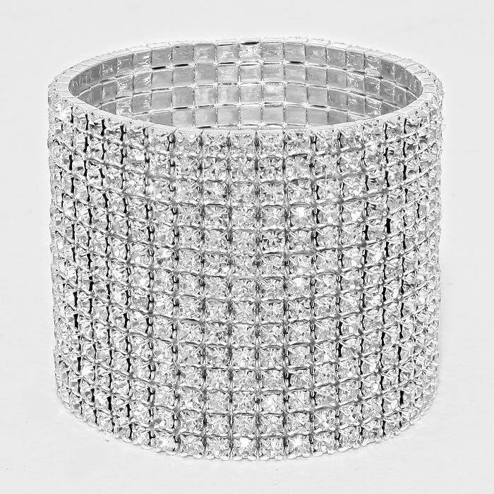 Rhinestone Bracelet 14 Row Wide Stretch Bangle Crystal Pave Wedding Bride SILVER - PalmTreeSky