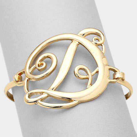 Monogram Initial Bangle Bracelet GOLD 1.75" Hinge Bangle Metal Jewelry Letter D - PalmTreeSky