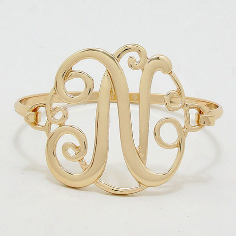 Monogram Initial Bangle Bracelet GOLD 1.75" Letter N Hinge Personalized Jewelry - PalmTreeSky