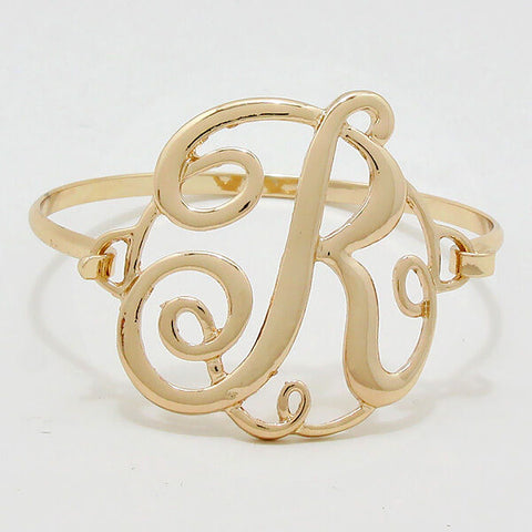 Monogram Initial Bangle Bracelet GOLD 1.75"Letter R Hinge Bangle Metal Jewelry - PalmTreeSky