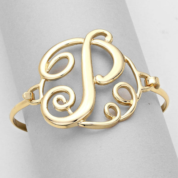 Monogram Initial Bangle Bracelet GOLD 1.75" Letter P Hinge Personalized Jewelry - PalmTreeSky