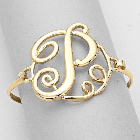 Monogram Initial Bangle Bracelet GOLD 1.75" Letter P Hinge Personalized Jewelry - PalmTreeSky