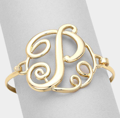 Monogram Initial Bangle Bracelet GOLD 1.75" Hinge Bangle Metal Jewelry Letter P - PalmTreeSky