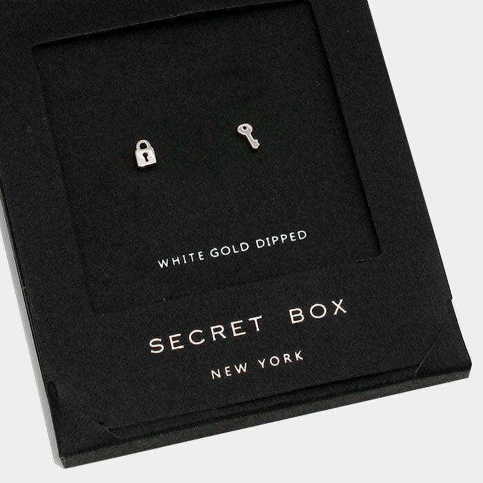 Key Earrings Tiny Secret Gift Box WHITE GOLD DIPPED Small Stud Heart Lock Simple - PalmTreeSky