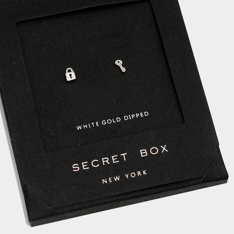 Key Earrings Tiny Secret Gift Box WHITE GOLD DIPPED Small Stud Heart Lock Simple - PalmTreeSky