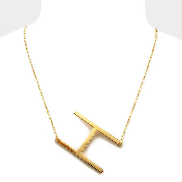 Initial Necklace Side Letter H Thin Large Monogram 1.75" Personalized Name GOLD - PalmTreeSky