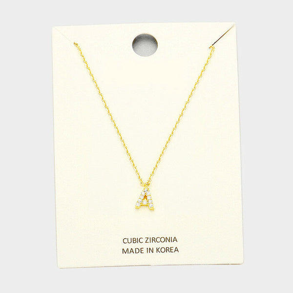 Initial Necklace Tiny CZ Cubic Zirconia .2" Monogram Letter A Rhinestone GOLD - PalmTreeSky