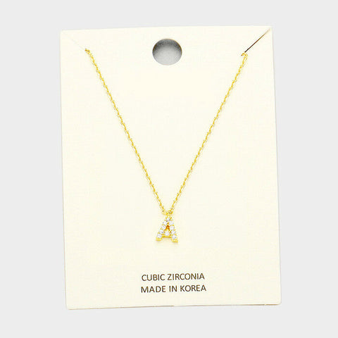 Initial Necklace Tiny CZ Cubic Zirconia .2" Monogram Letter A Rhinestone GOLD - PalmTreeSky