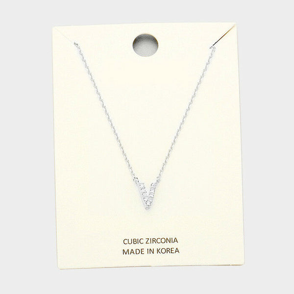 Initial Necklace Tiny CZ Cubic Zirconia .2" Monogram Letter V Rhinestone SILVER - PalmTreeSky