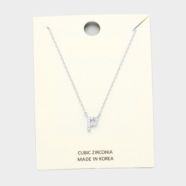 Initial Necklace Tiny CZ Cubic Zirconia .2" Monogram Letter P Rhinestone SILVER - PalmTreeSky