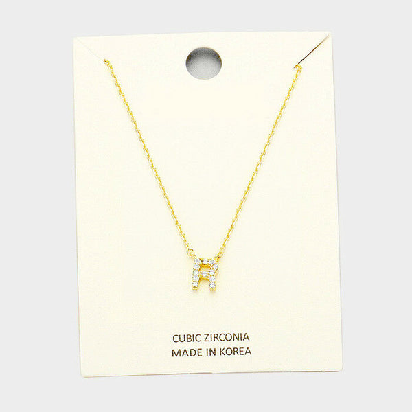 Initial Necklace Tiny CZ Cubic Zirconia .2" Monogram Letter R Rhinestone GOLD - PalmTreeSky