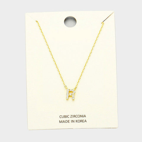 Initial Necklace Tiny CZ Cubic Zirconia .2" Monogram Letter R Rhinestone GOLD - PalmTreeSky