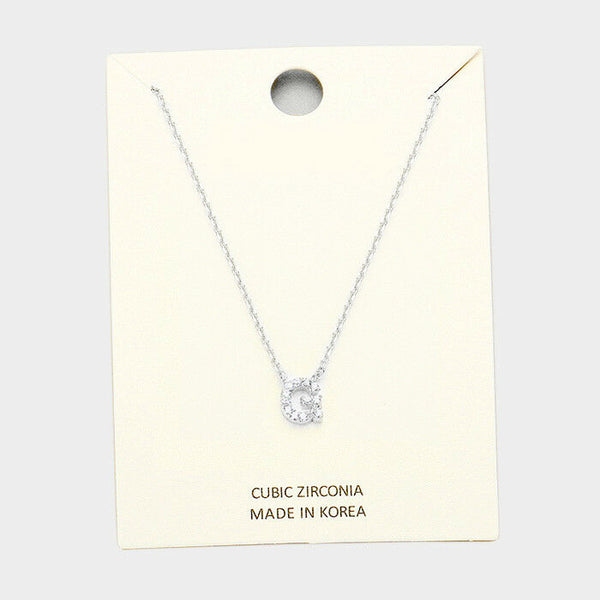 Initial Necklace Tiny CZ Cubic Zirconia .2" Monogram Letter G Rhinestone SILVER - PalmTreeSky