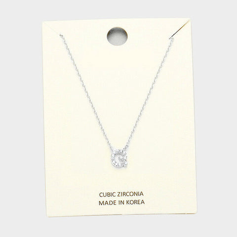 Initial Necklace Tiny CZ Cubic Zirconia .2" Monogram Letter G Rhinestone SILVER - PalmTreeSky