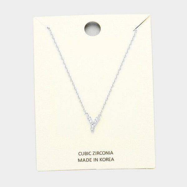 Initial Necklace Tiny CZ Cubic Zirconia .2" Monogram Letter Y Rhinestone SILVER - PalmTreeSky