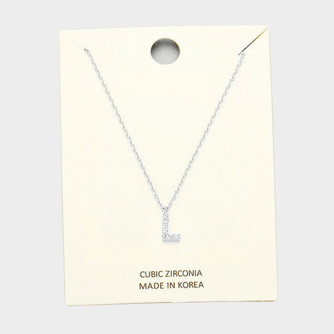 Initial Necklace Tiny CZ Cubic Zirconia .2" Monogram Letter L Rhinestone SILVER - PalmTreeSky