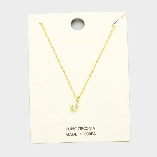 Initial Necklace Tiny CZ Cubic Zirconia .2" Monogram Letter J Rhinestone GOLD - PalmTreeSky