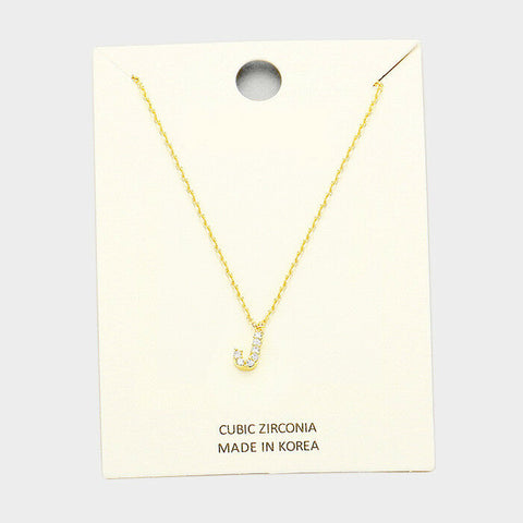 Initial Necklace Tiny CZ Cubic Zirconia .2" Monogram Letter J Rhinestone GOLD - PalmTreeSky