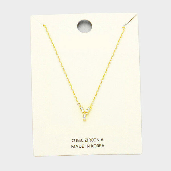 Initial Necklace Tiny CZ Cubic Zirconia .2" Monogram Letter Y Rhinestone GOLD - PalmTreeSky