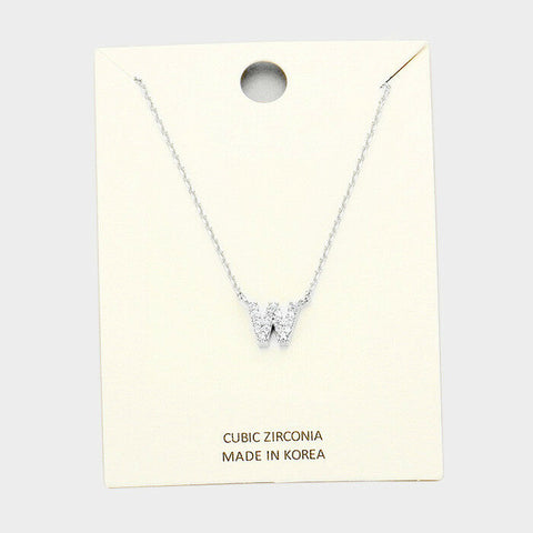 Initial Necklace Tiny CZ Cubic Zirconia .2" Monogram Letter W Rhinestone SILVER - PalmTreeSky