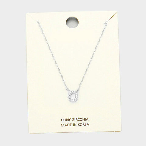 Initial Necklace Tiny CZ Cubic Zirconia .2" Monogram Letter O Rhinestone SILVER - PalmTreeSky