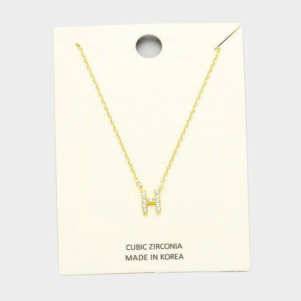 Initial Necklace Tiny CZ Cubic Zirconia .2" Monogram Letter H Rhinestone GOLD - PalmTreeSky