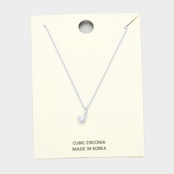 Initial Necklace Tiny CZ Cubic Zirconia .2" Monogram Letter J Rhinestone SILVER - PalmTreeSky