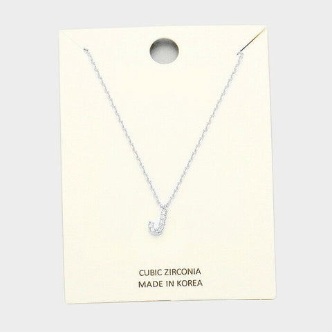 Initial Necklace Tiny CZ Cubic Zirconia .2" Monogram Letter J Rhinestone SILVER - PalmTreeSky