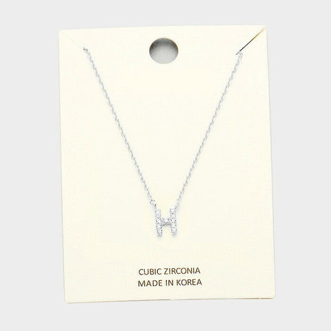 Initial Necklace Tiny CZ Cubic Zirconia .2" Monogram Letter H Rhinestone SILVER - PalmTreeSky