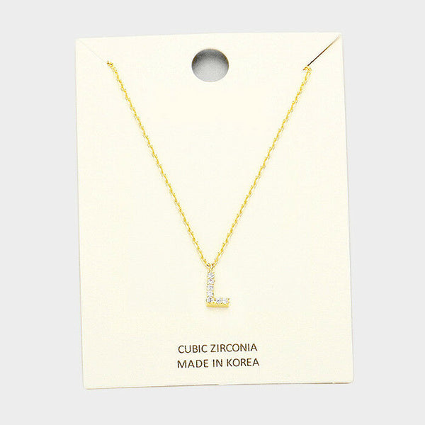 Initial Necklace Tiny CZ Cubic Zirconia .2" Monogram Letter L Rhinestone GOLD - PalmTreeSky