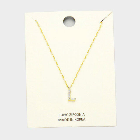 Initial Necklace Tiny CZ Cubic Zirconia .2" Monogram Letter L Rhinestone GOLD - PalmTreeSky